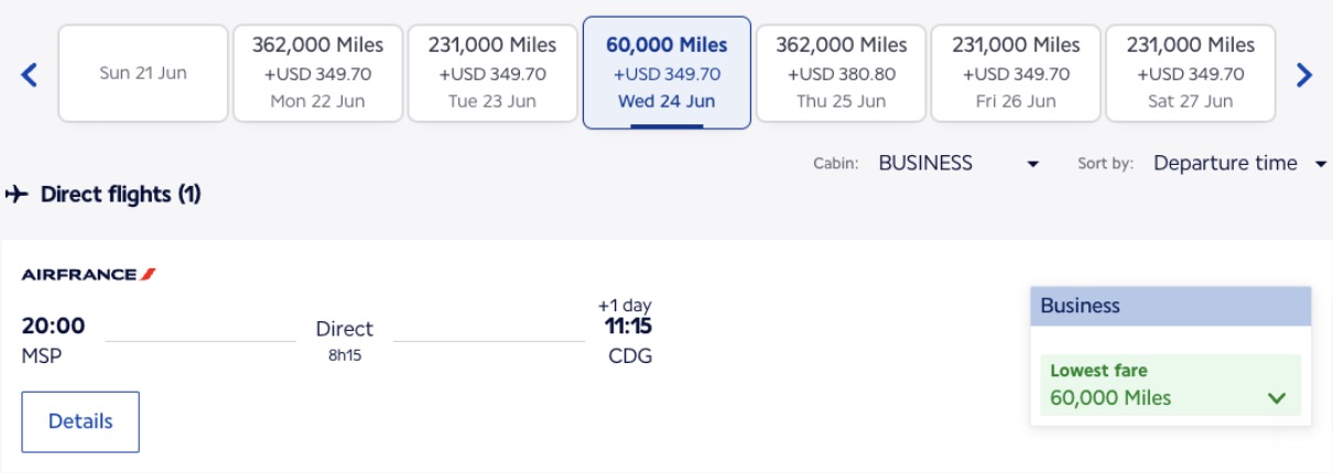 MSP to Paris nonstop for 60,000 miles
