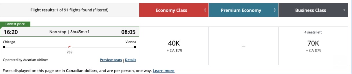 Austrian Business Class fare example
