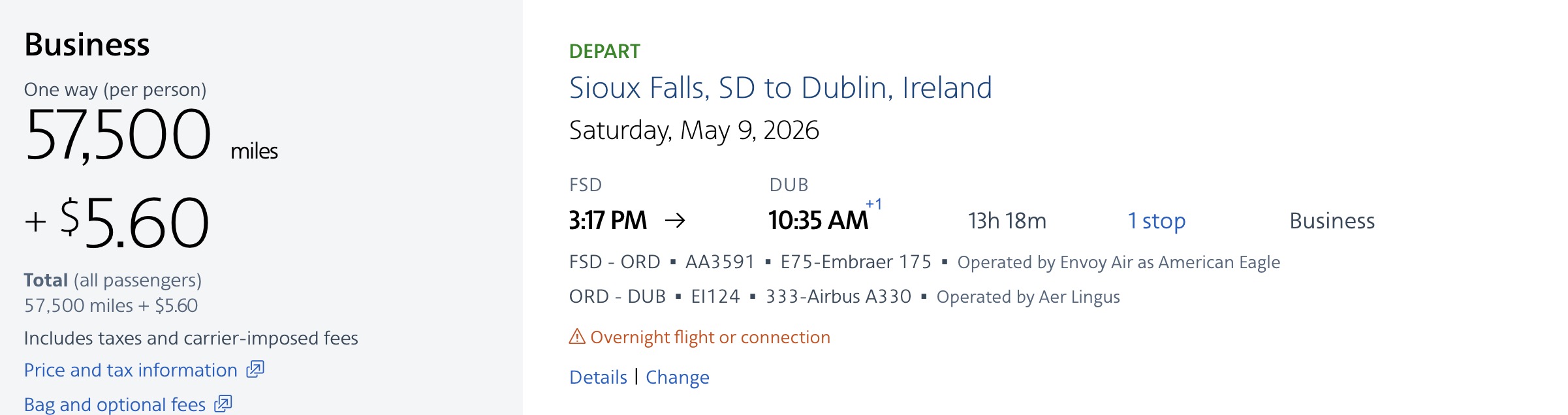American Airlines Aer Lingus booking from Sioux Falls to Dublin