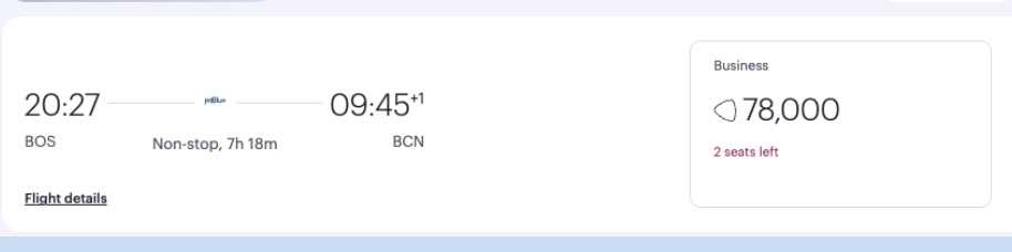 Boston to Barcelona airfare booked with Qatar Avios for 78,000 miles. 