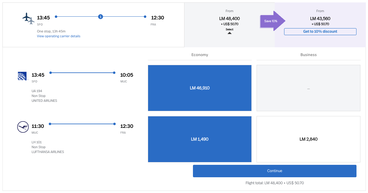 LifeMiles award ticket from SFO-FRA via MUC on United and Lufthansa for 48,400 miles