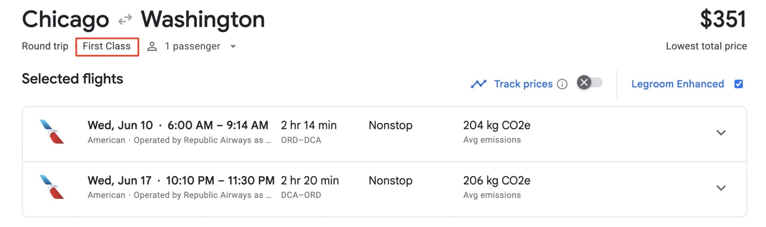 Chicago to Washington D.C. first class flight deal