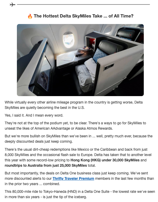 Meet the New & Improved Extra Mile Newsletter: Now Landing in Your Inbox Every Weekday! 1 A screenshot of the Extra Mile newsletter: The Hottest Delta SkyMiles Take ... of All Time?