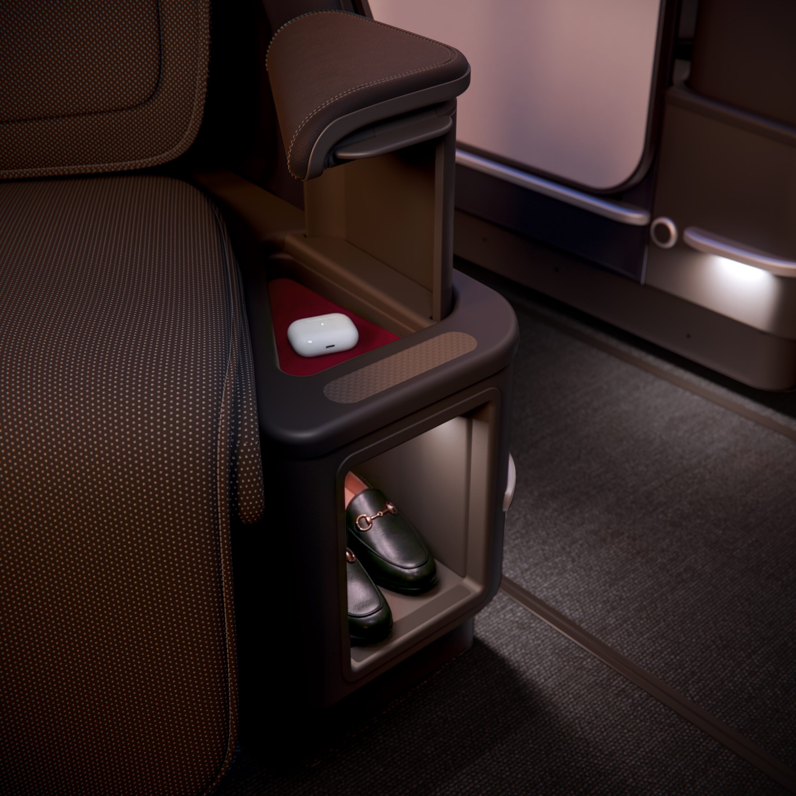 Delta Unveils Fancy New Delta One Suites, Plans to Retrofit Old Planes 4 delta one suite showing shoes in cubby