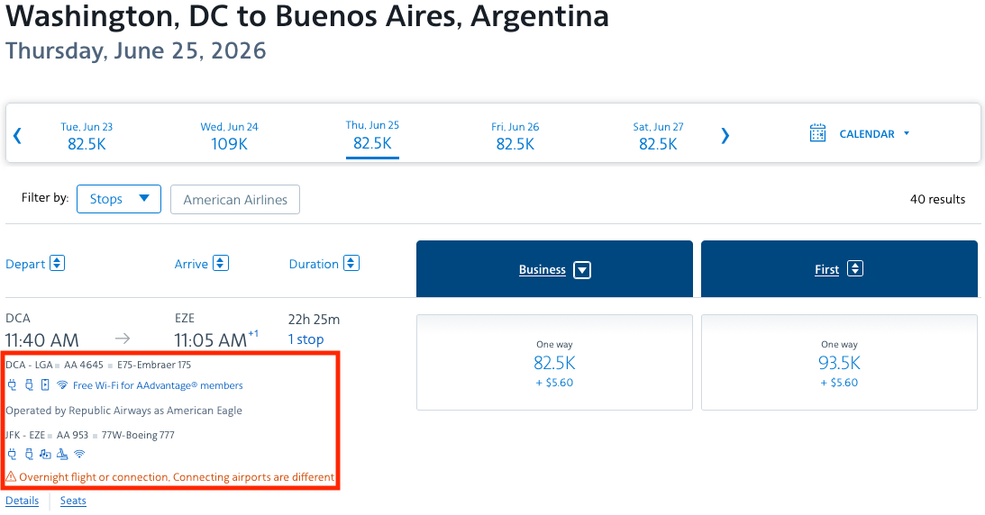 How to Find & Book the Best American AAdvantage Miles Deals 40 AA flight from DC to Buenos Aires with a required change of airport in NYC