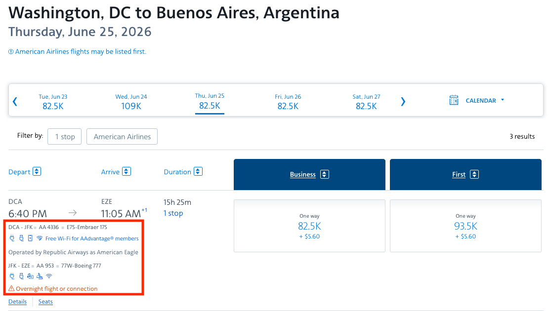 How to Find & Book the Best American AAdvantage Miles Deals 42 American Airlines flight from DC to Buenos Aires with one stop in JFK