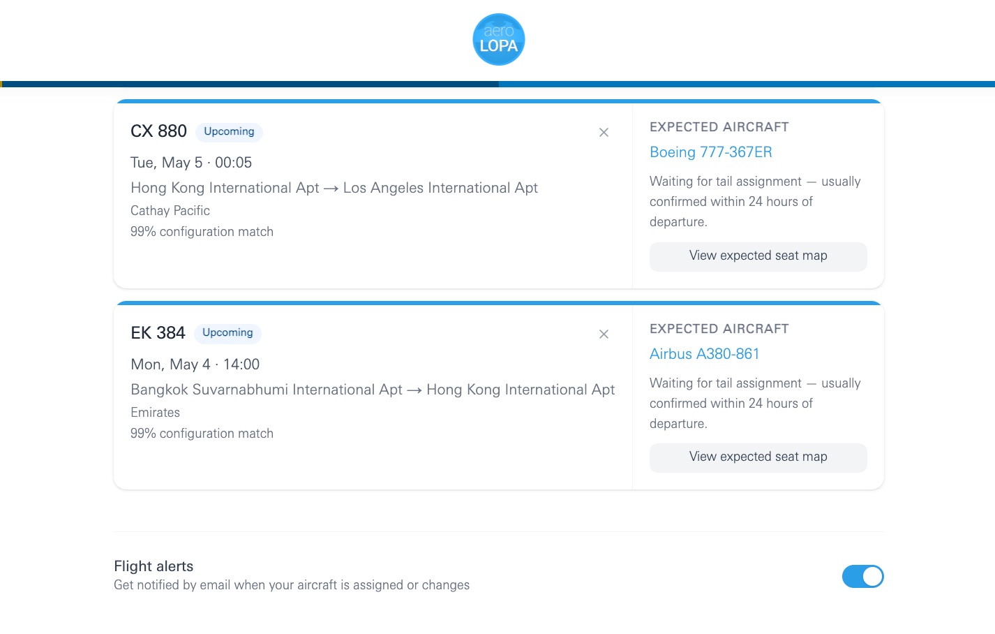 aerolopa flight options with flight alerts turned on