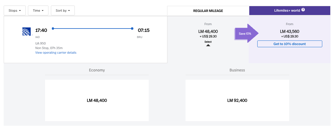 LifeMiles award from IAD-BRU flying United Airlines for 48,400 in economy and 92,400 in business class.