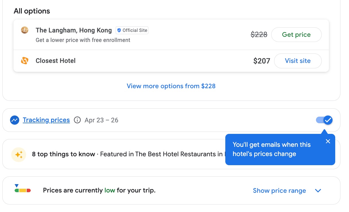 google hotels tracking toggled on for langham hong kong