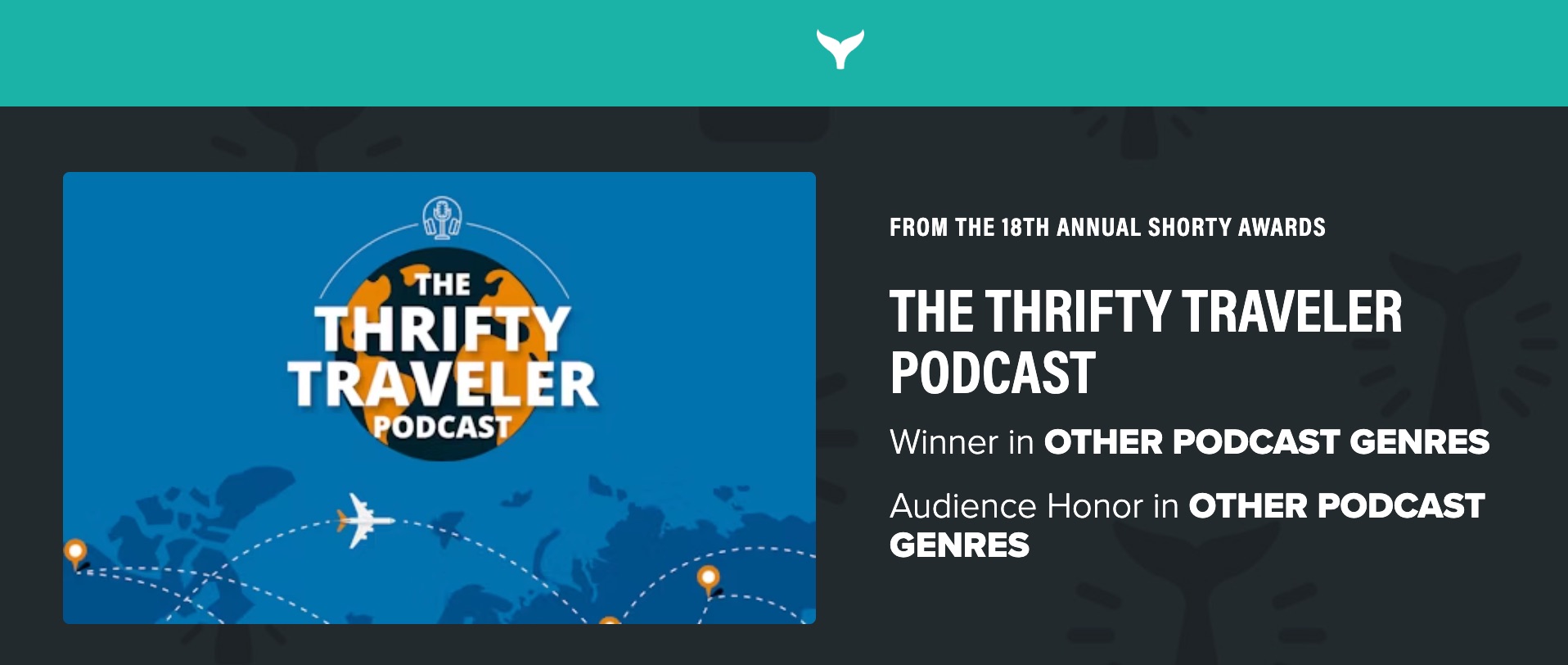 We Won: The Thrifty Traveler Podcast is a Shorty Award Winner! 1 shorty homepage showing the thrifty traveler podcast