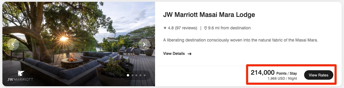Award night at JW Marriott Masai Mara Lodge for 214,000 points