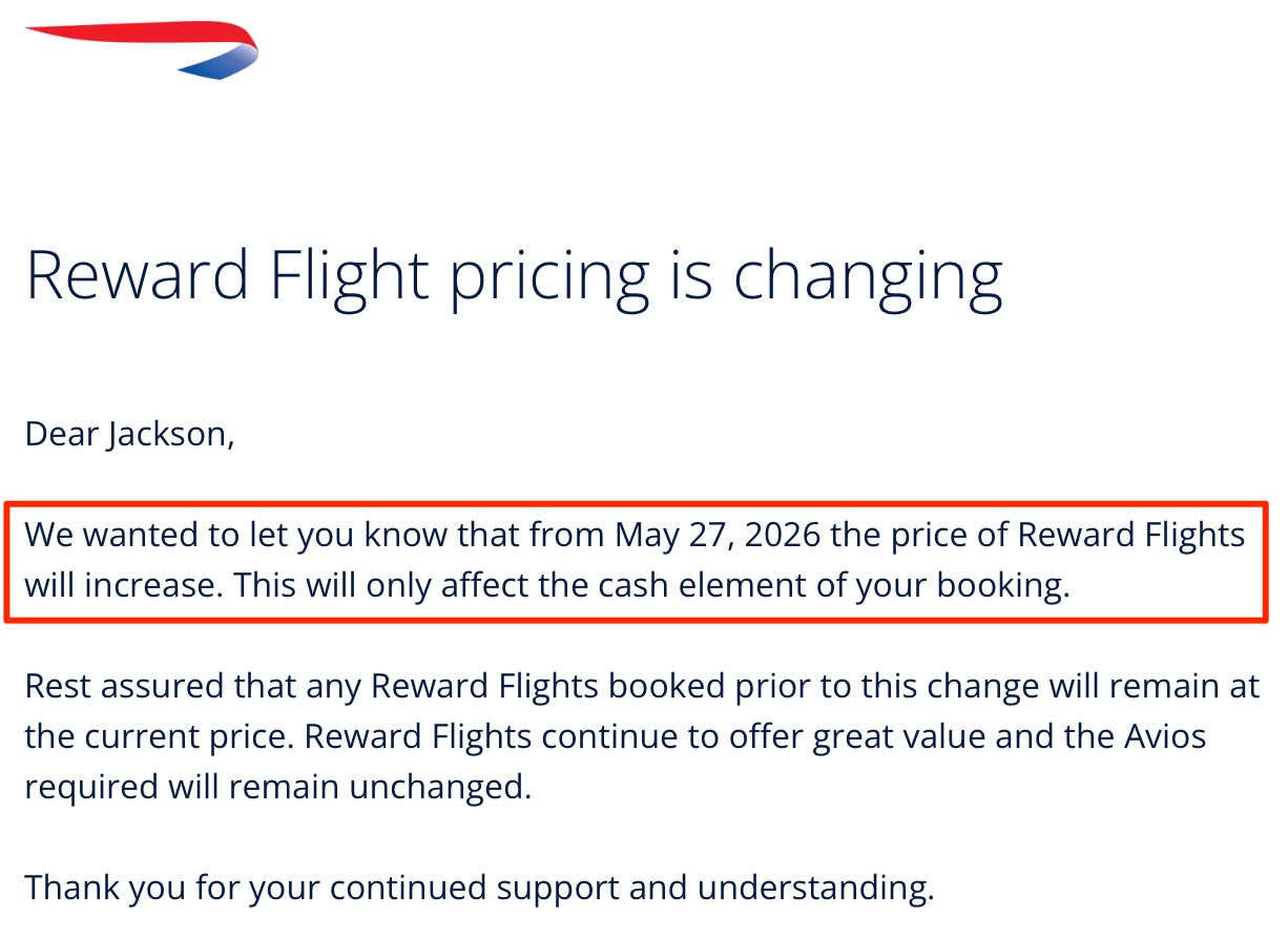 BA Price Increase Notice