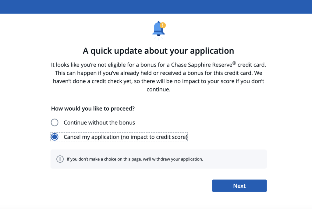 How to Check if You're Eligible for the Chase Sapphire Reserve®'s 150K Bonus 1 Chase pop up eligibility warning