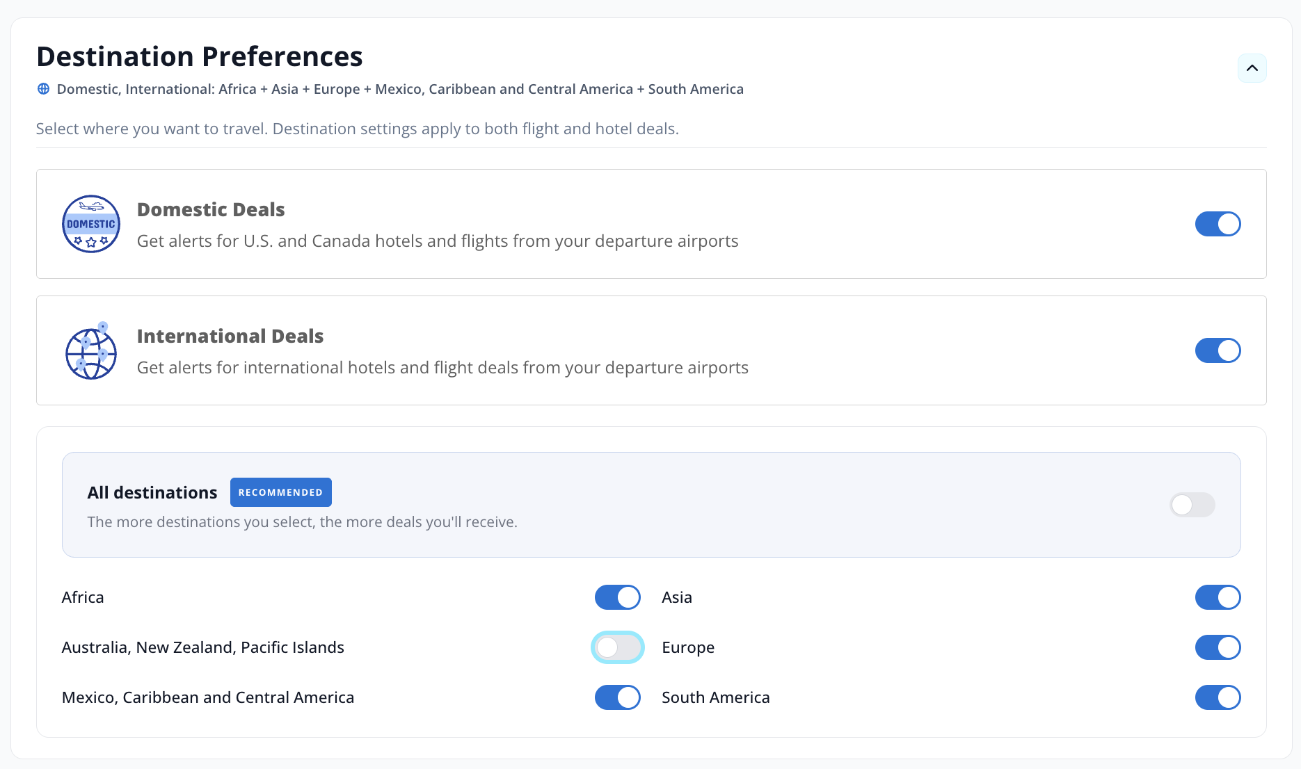 Destination preferences boxes Thrifty Traveler Premium