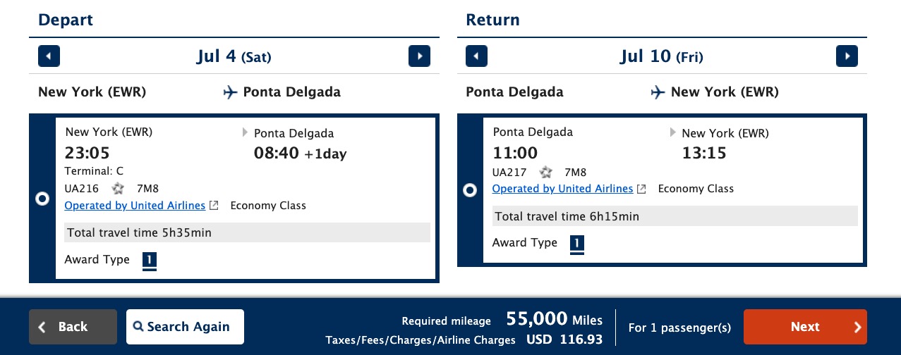 Newark to Ponta Delgada Portugal