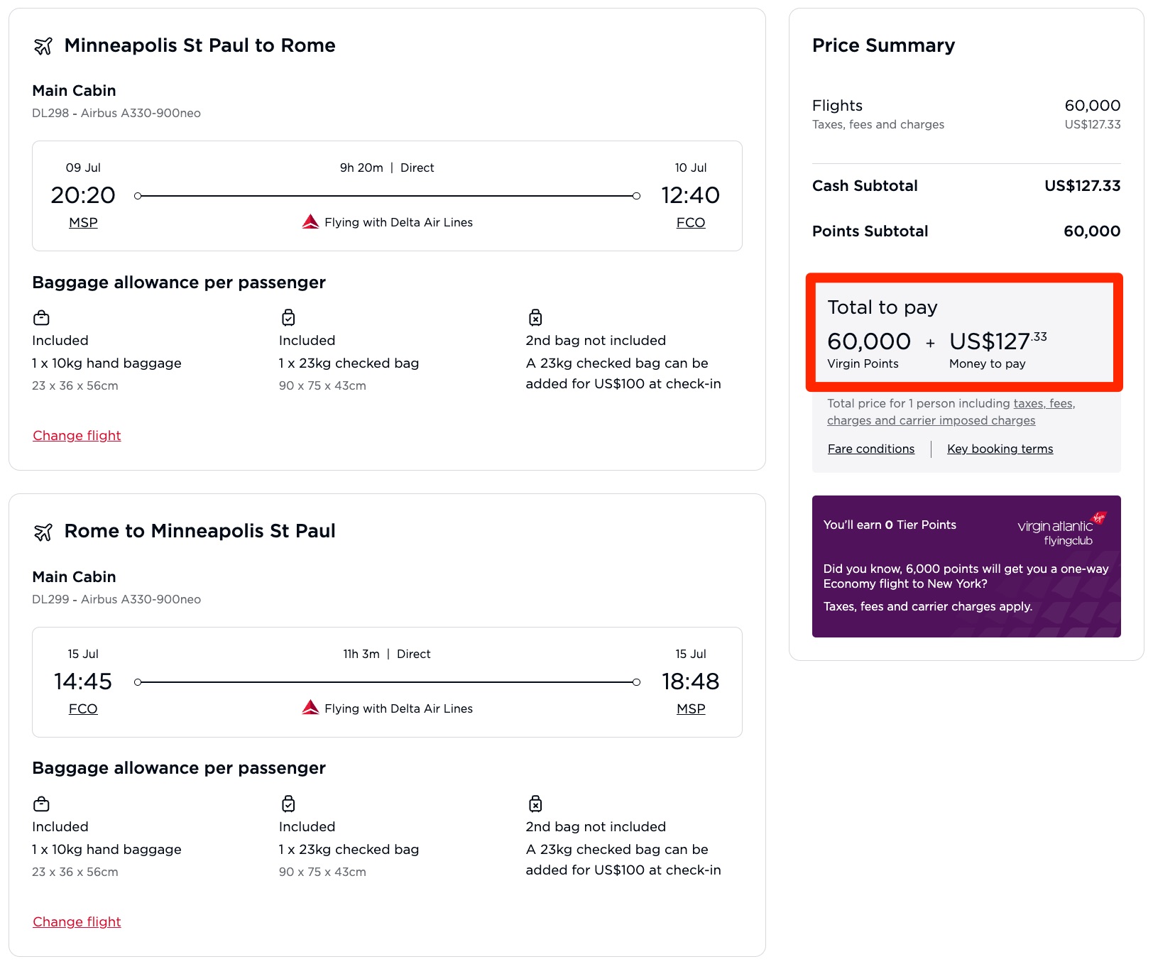 MSP-FCO Virgin award booking on Delta