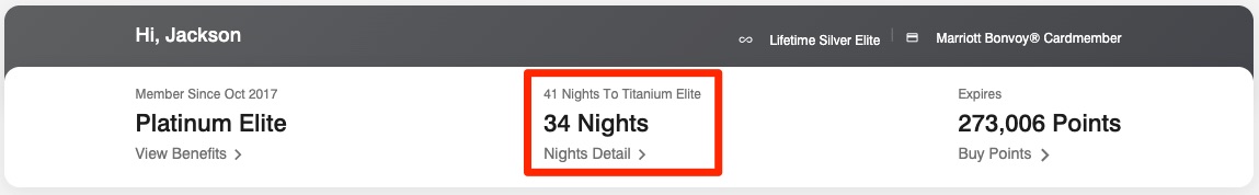 Marriott Bonvoy Status qualification: 34 elite nights, year to date.