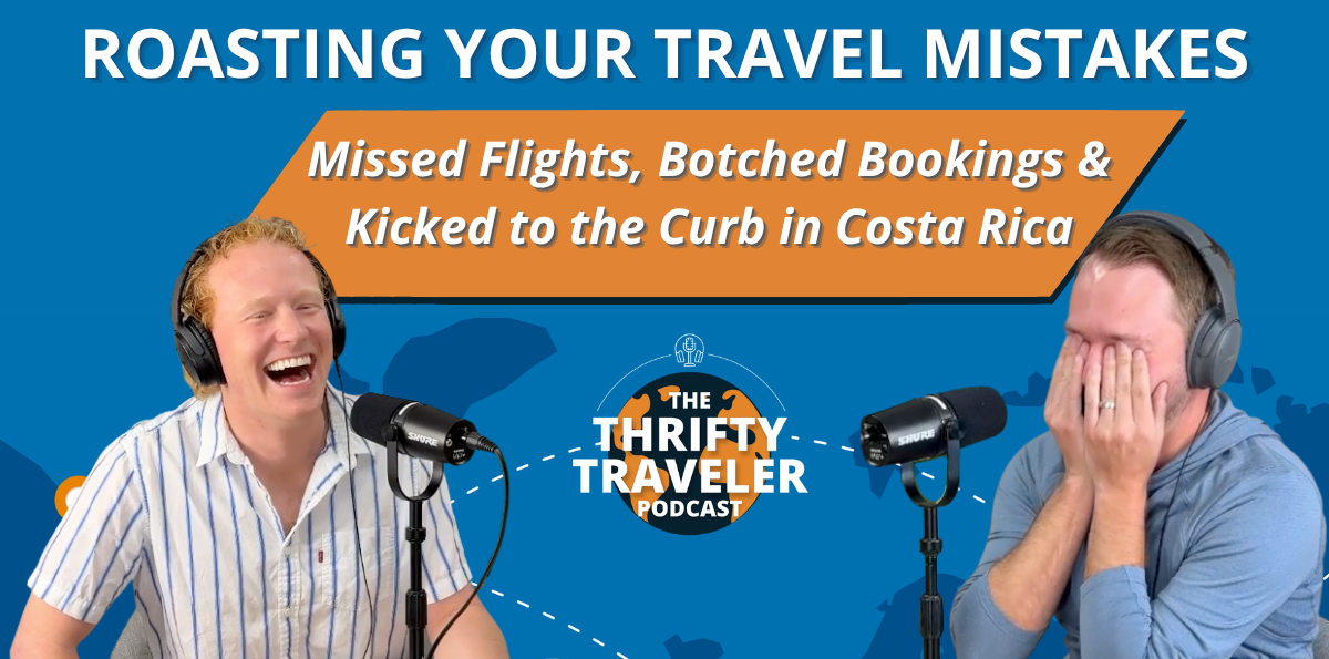 two men speaking into podcast microphones on a blue background