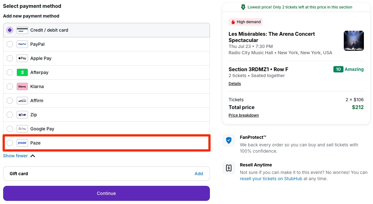 A New Way to Maximize Your Chase Sapphire Reserve® StubHub Credit 2 StubHub Checkout screen with Paze listed as a payment option