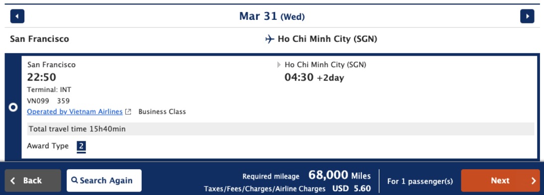 San Francisco to Ho Chi Minh City business class fare bookable with ANA