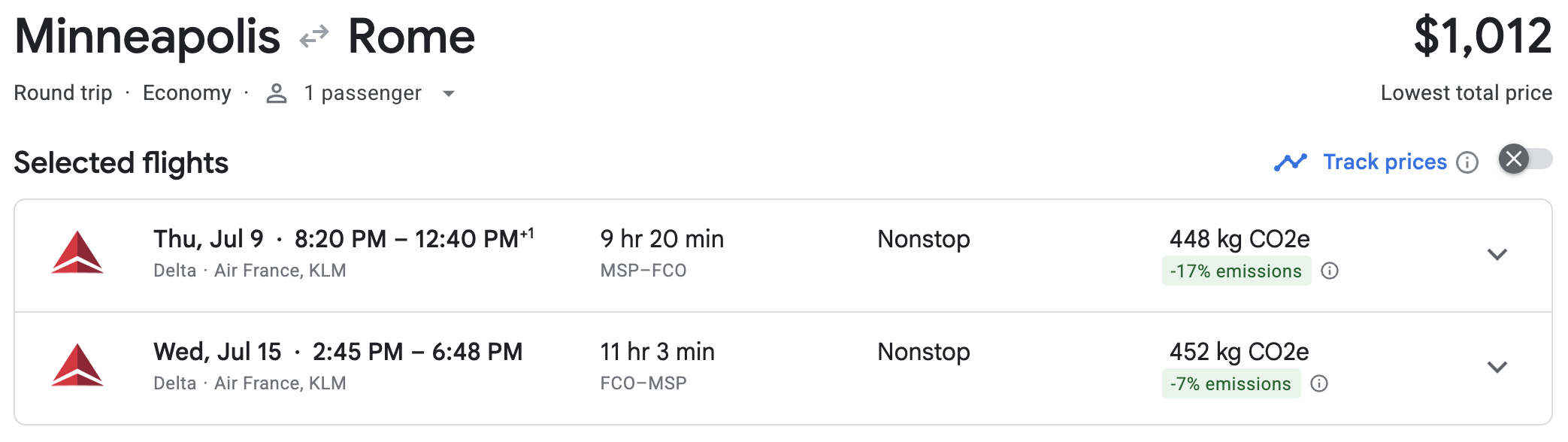 MSP to Rome fare for $1012