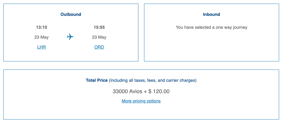 BA economy award booking for 33k Avios