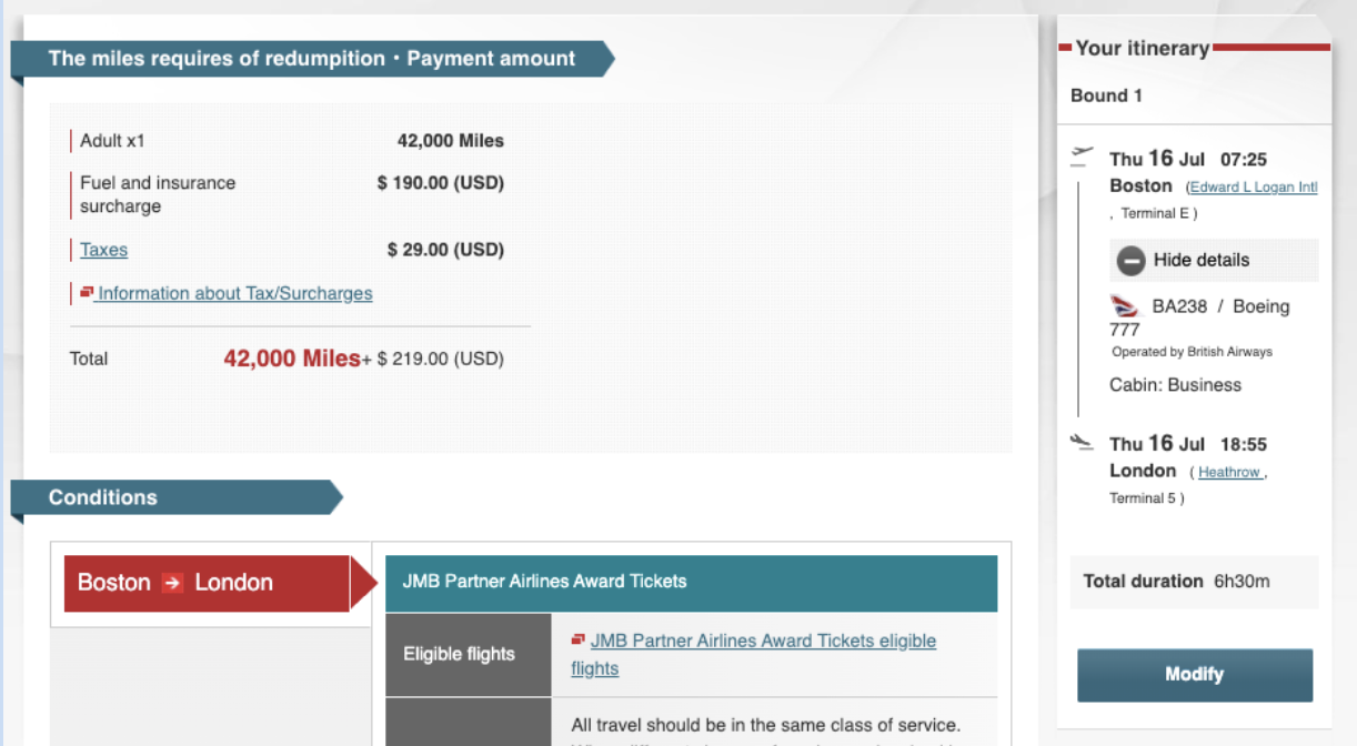 BA Business Class award booked with JAL Mileage Bank for 42k miles. 