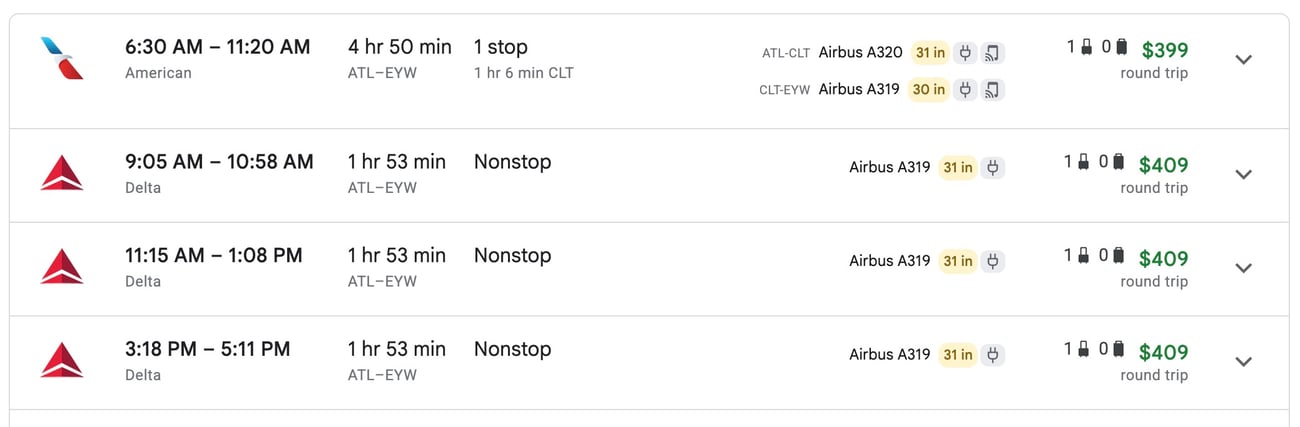 google flights screenshot showing fares from atlanta to key west