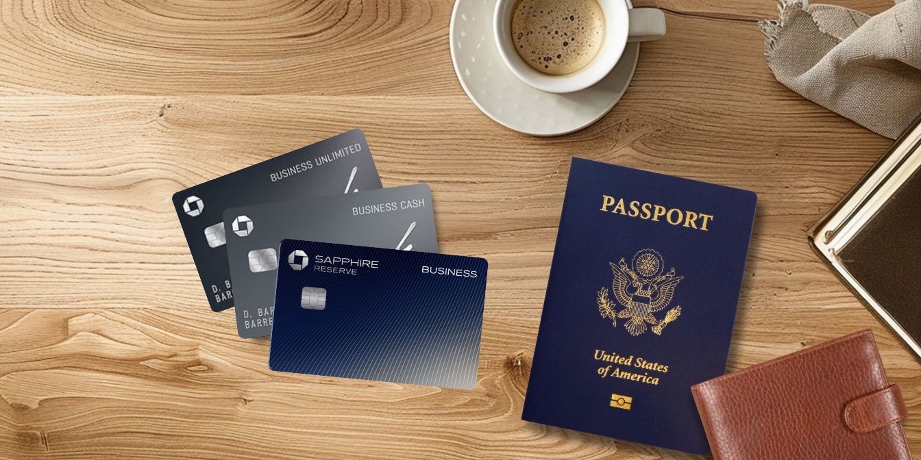 Chase Sapphire Reserve for Business, Ink Unlimited, and Ink Cash cards on wooden table with a cup of coffee, passport, and wallet