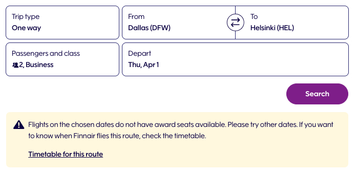 How to Book Award Flights with Finnair Avios 11 Finnair no availability