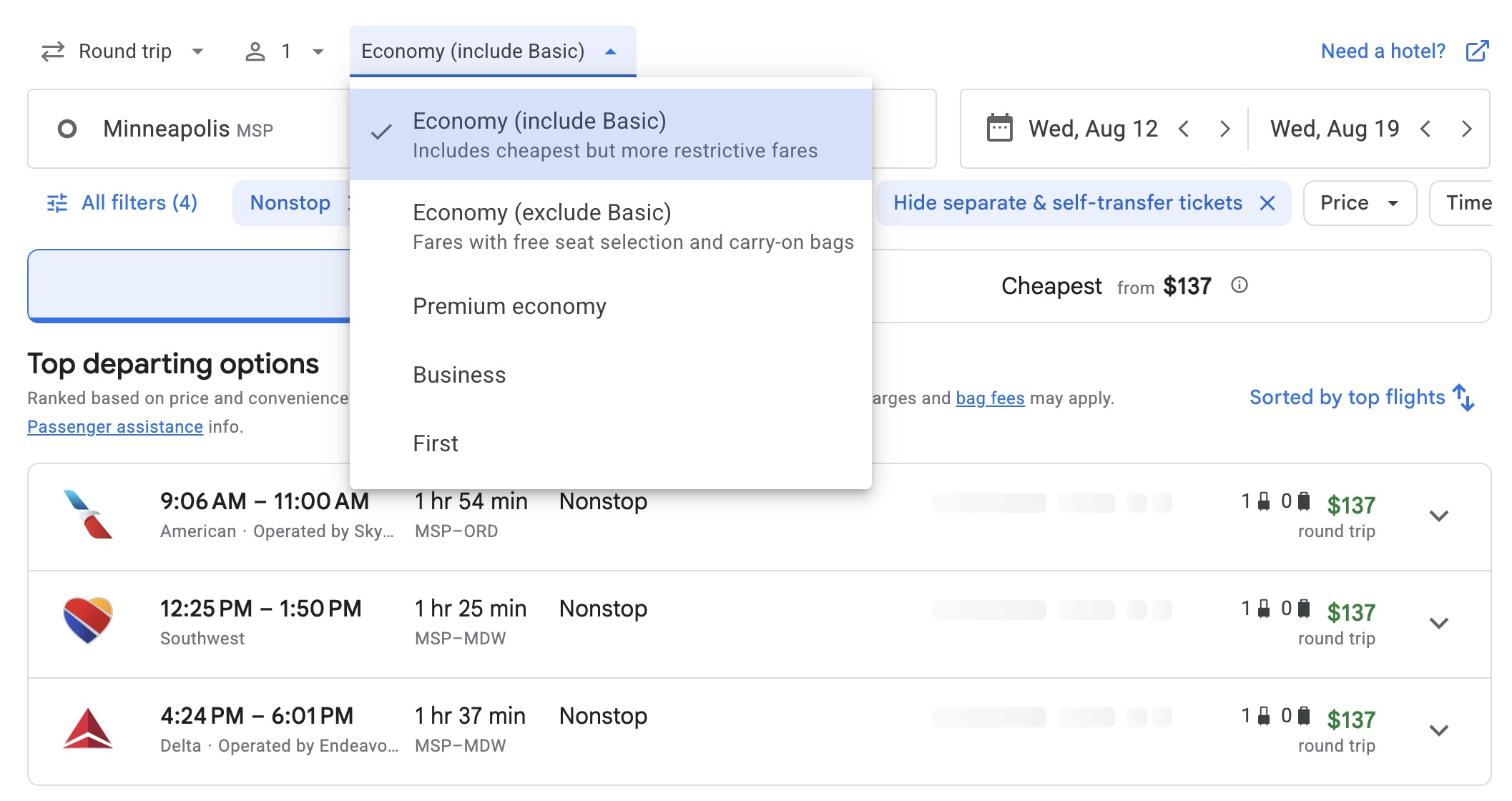How to Avoid Basic Economy Fares & Still Get a Good Deal 1 Google FLights search results in basic economy