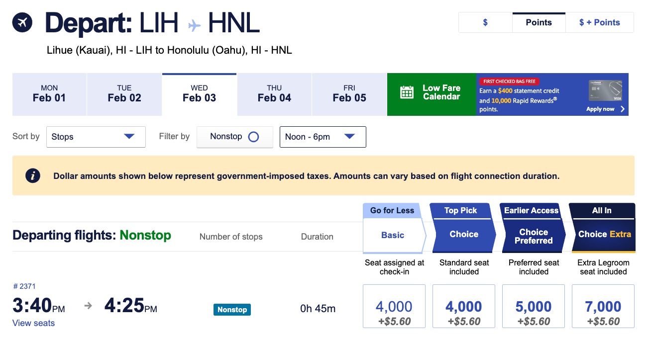 kauai to honolulu flights showing southwest points redemption rates