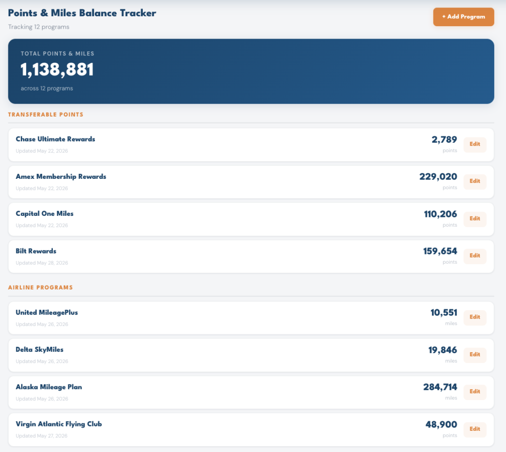 Points & Miles Balance Tracker