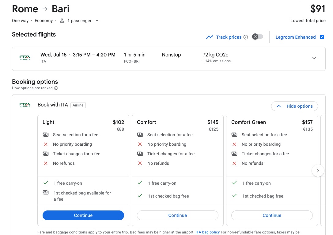 How to Avoid Basic Economy Fares & Still Get a Good Deal 7 ITA Airways FCO-BRI fare