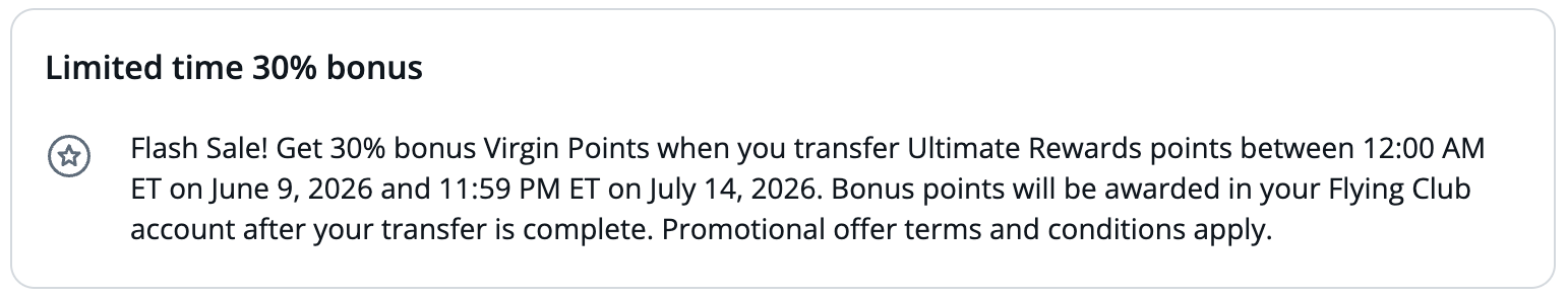 New: Get a 30% Boost on Chase Transfers to Virgin Atlantic! 1 Chase to Virgin 30% transfer bonus