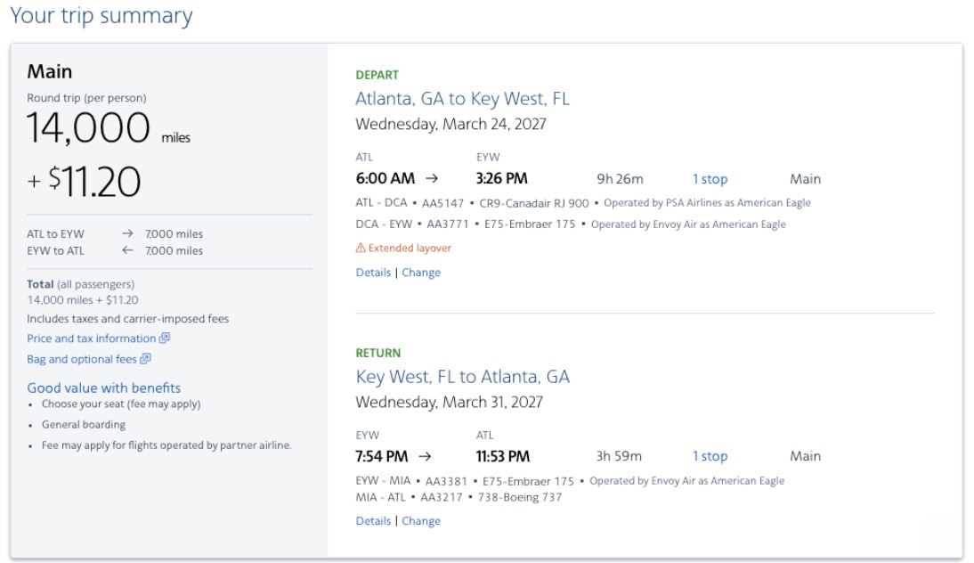 Airfare is Up, American AAdvantage Miles Rates Aren't 2 Key West Fare using Aa miles from Atlanta