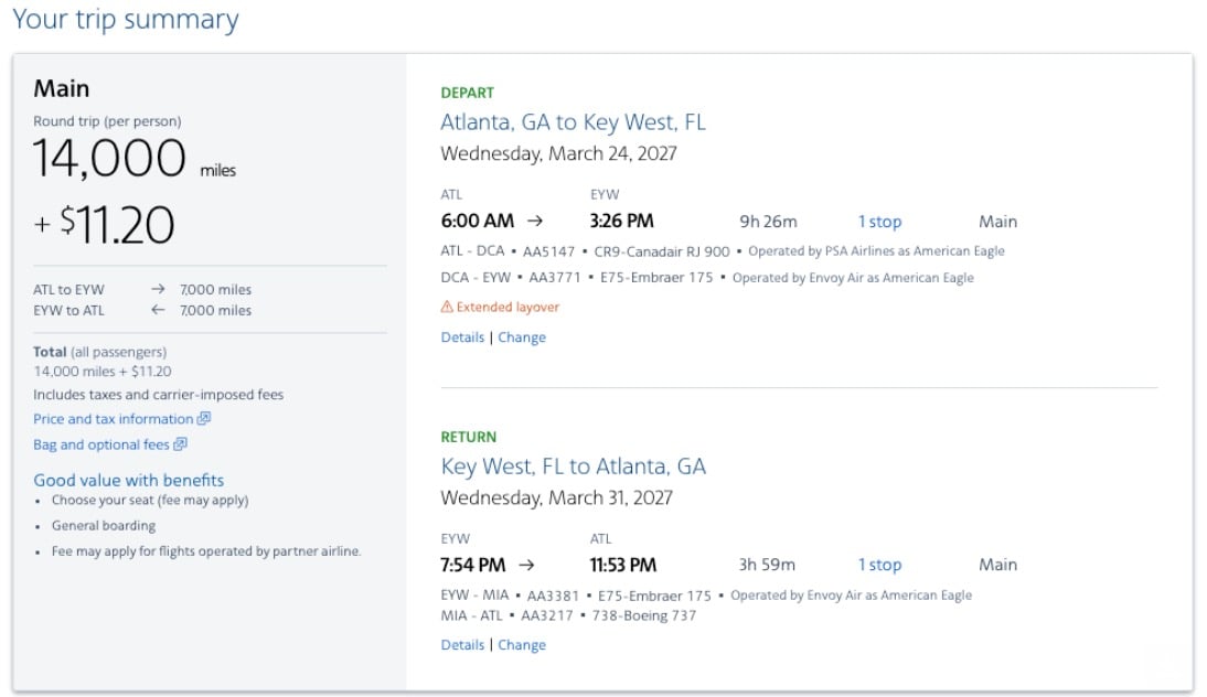 atlanta to key west for 14,000 miles roundtrip on american