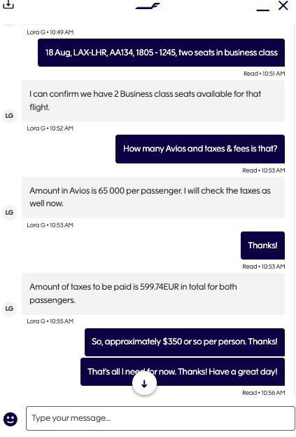 How to Book Award Flights with Finnair Avios 4 Screenshot of chat with Finnair regarding American Airlines business class flights to Europe