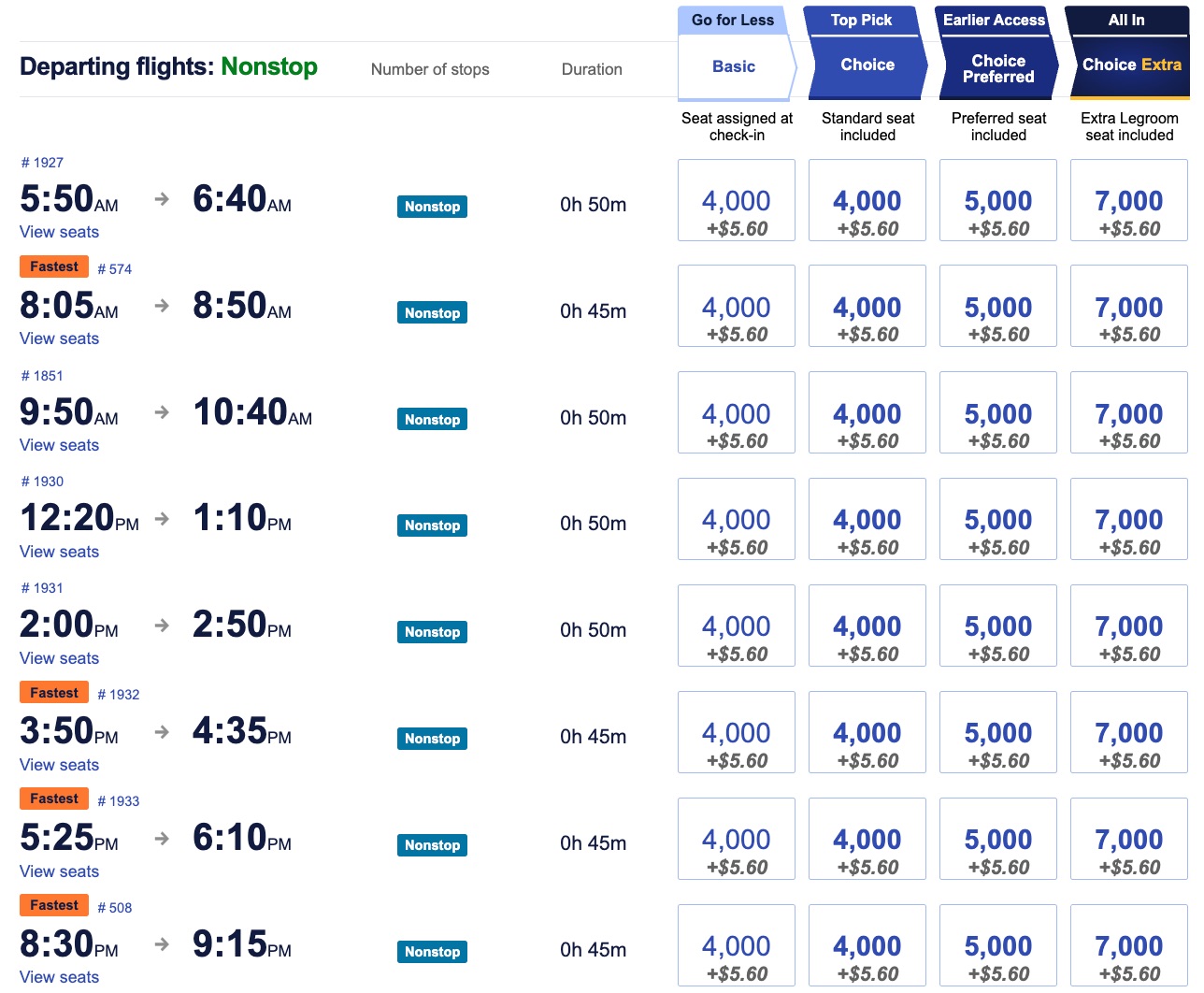 eight southwest airlines flights from honolulu to maui showing points redemption rates