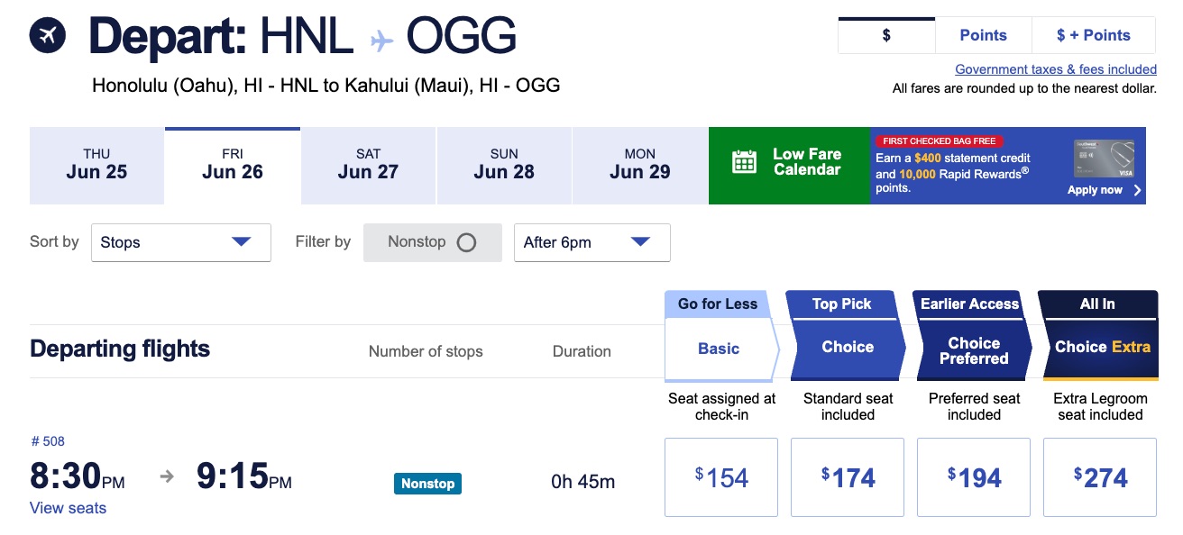 southwest flight honolulu to maui showing cash fares