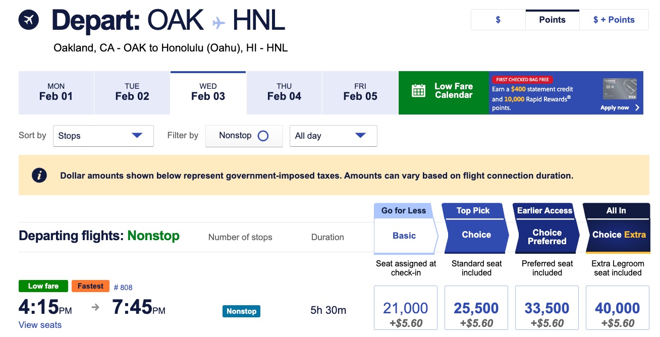 oakland honolulu southwest flight