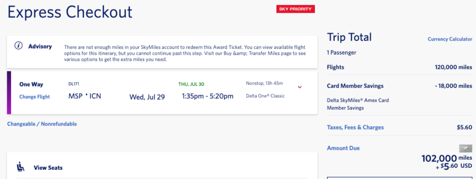 As Other Airlines Get Worse, Delta SkyMiles Deals Are Better than Ever 6 delta flight from minneapolis to seoul in delta one for 102,000 skymiles