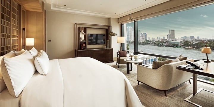 The Extra Mile, July 29: Inside Dulles's $20B Makeover, Booking Biz Class With 100K Chase Points & More 4 Capella Bangkok hotel room with bed, sofa, and view of the water, bookable with Leaders Club points