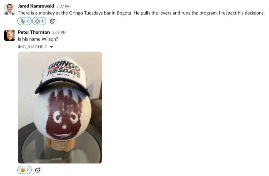 The Extra Mile, July 13: Delta Basic Biz Awards, The Best Hawaii Redemption & More 3 slack screenshot showing a volleyball with a hat on it