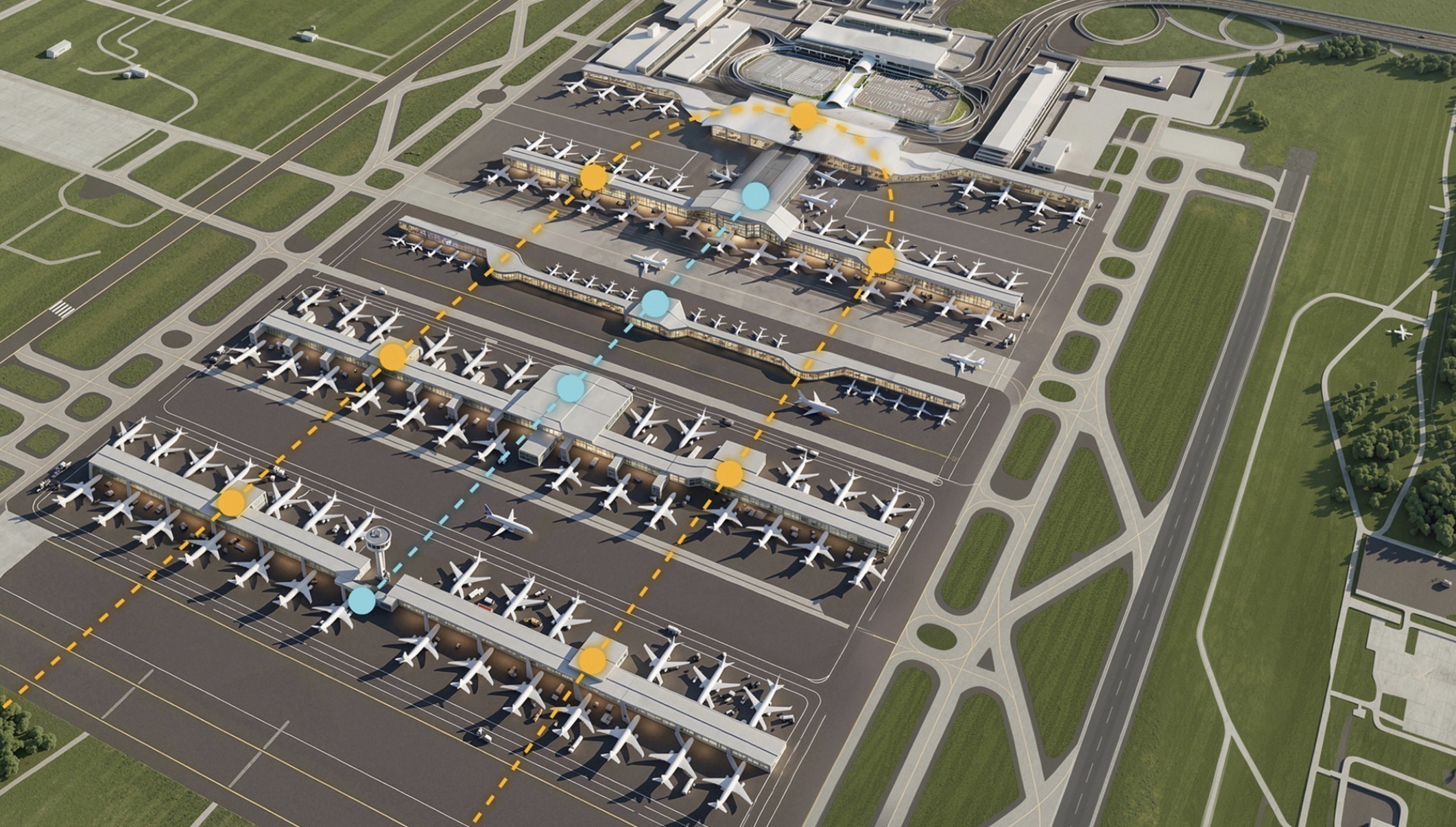 Exclusive: First Look at Trump's $20B Dulles Overhaul (Details & Renderings) 2 overhead rendering of airplanes parked at gate at dulles airport