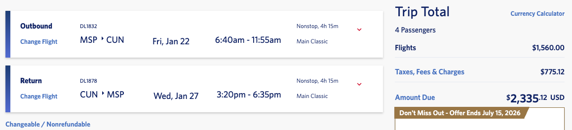 Act Fast: Save $100 on Delta Flights With New Gift Card Offer From Newegg! 2 Delta roundtrip fares MSP-CUN for a family of four, costing $2,335