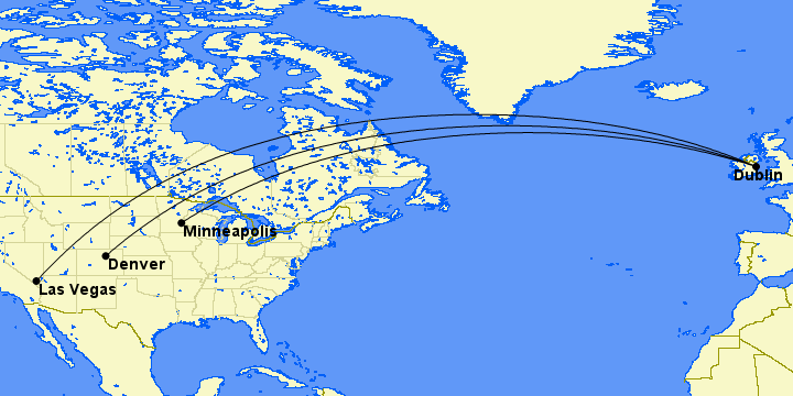 Aer Lingus Cuts Flights from Minneapolis, Denver & Vegas 1 map showing flights from dublin to minneapolis, denver, and las vegas