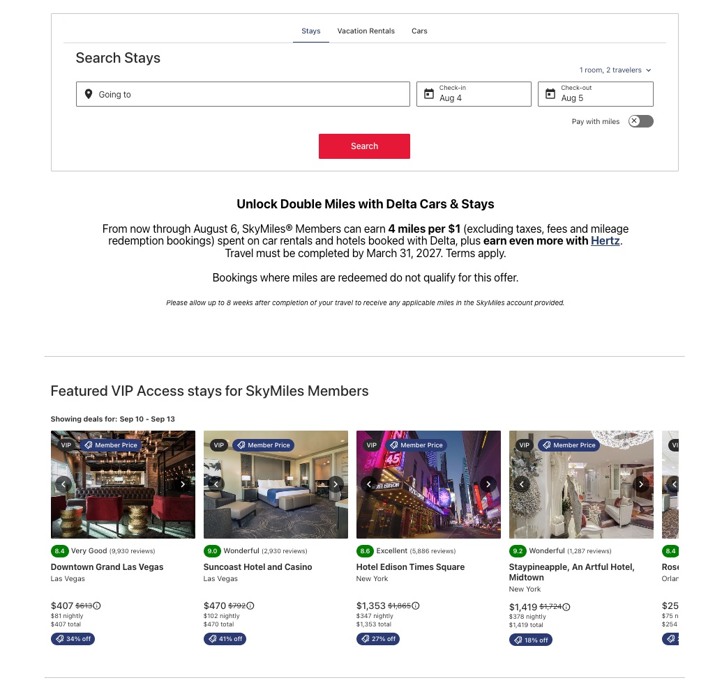 New Delta Promo: Earn 4x Miles + Extra Perks on Hotels (& Use Your SkyMiles Card Credits!) 1 delta stays homepage spelling out promo terms