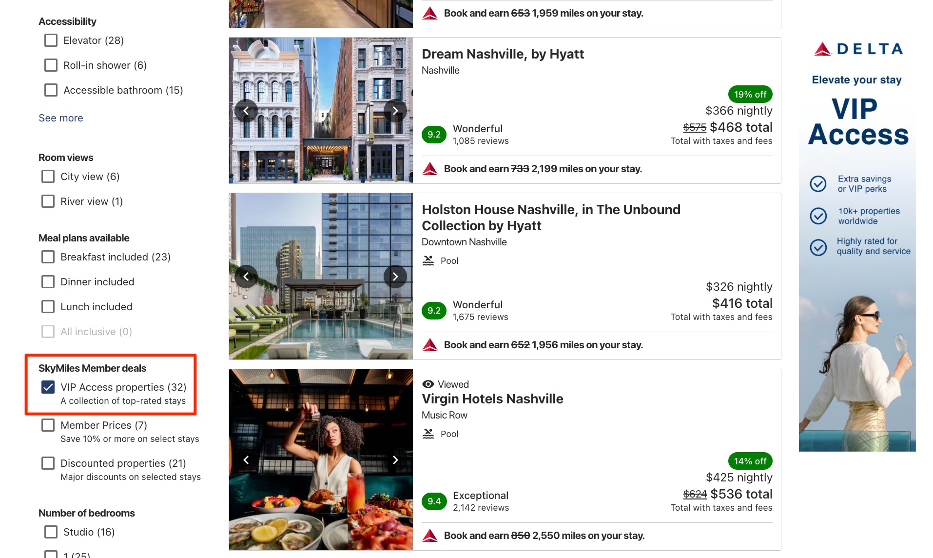 New Delta Promo: Earn 4x Miles + Extra Perks on Hotels (& Use Your SkyMiles Card Credits!) 2 delta stays hotels options showing vip access properties selected