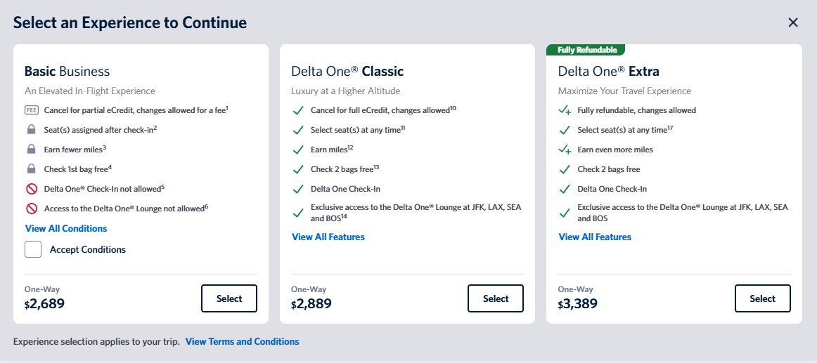 Gross: Delta Guts Its Premium Cabins With New "Basic" Fare Classes 2 Delta Basic business fare example